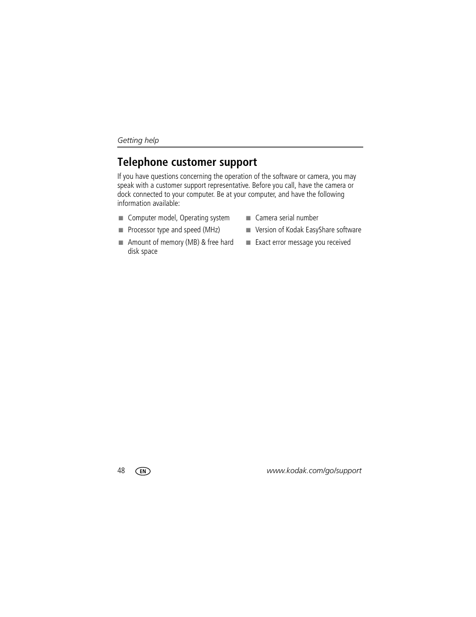 Telephone customer support | Kodak C330 User Manual | Page 54 / 74