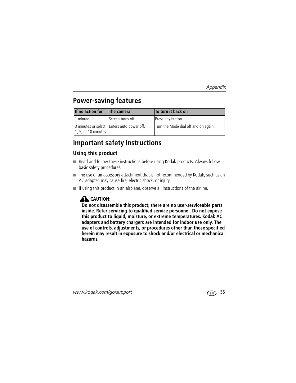 Power-saving features, Important safety instructions, Using this product | Kodak C330 User Manual | Page 61 / 74