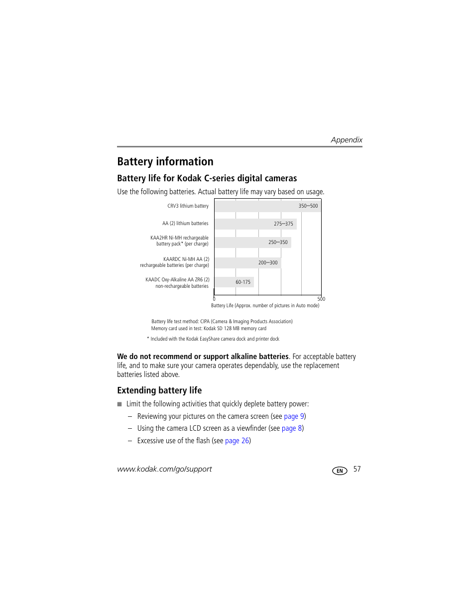 Battery information, Battery life for kodak c-series digital cameras, Extending battery life | Kodak C330 User Manual | Page 63 / 74