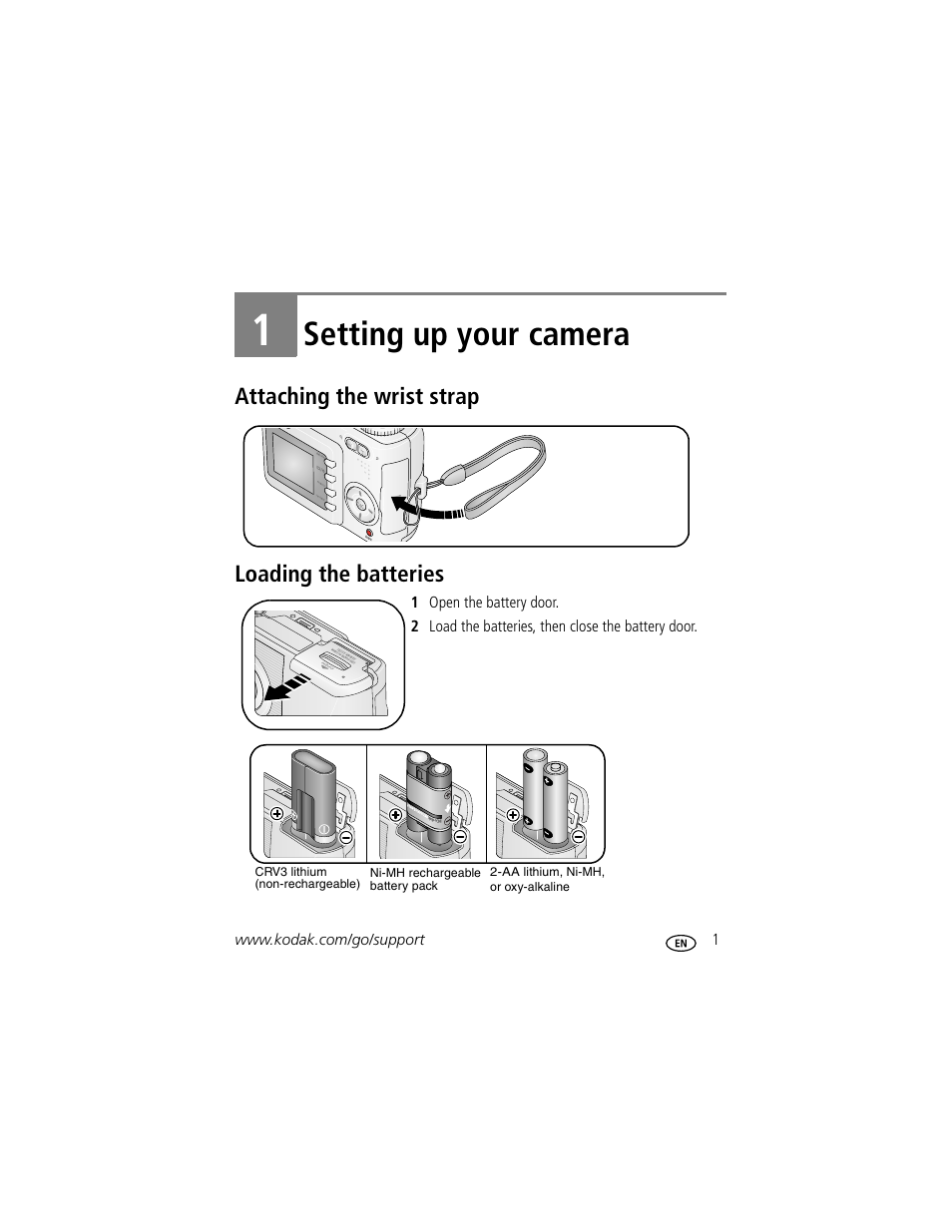Setting up your camera, Attaching the wrist strap, Loading the batteries | 1 setting up your camera, Attaching the wrist strap loading the batteries | Kodak C330 User Manual | Page 7 / 74