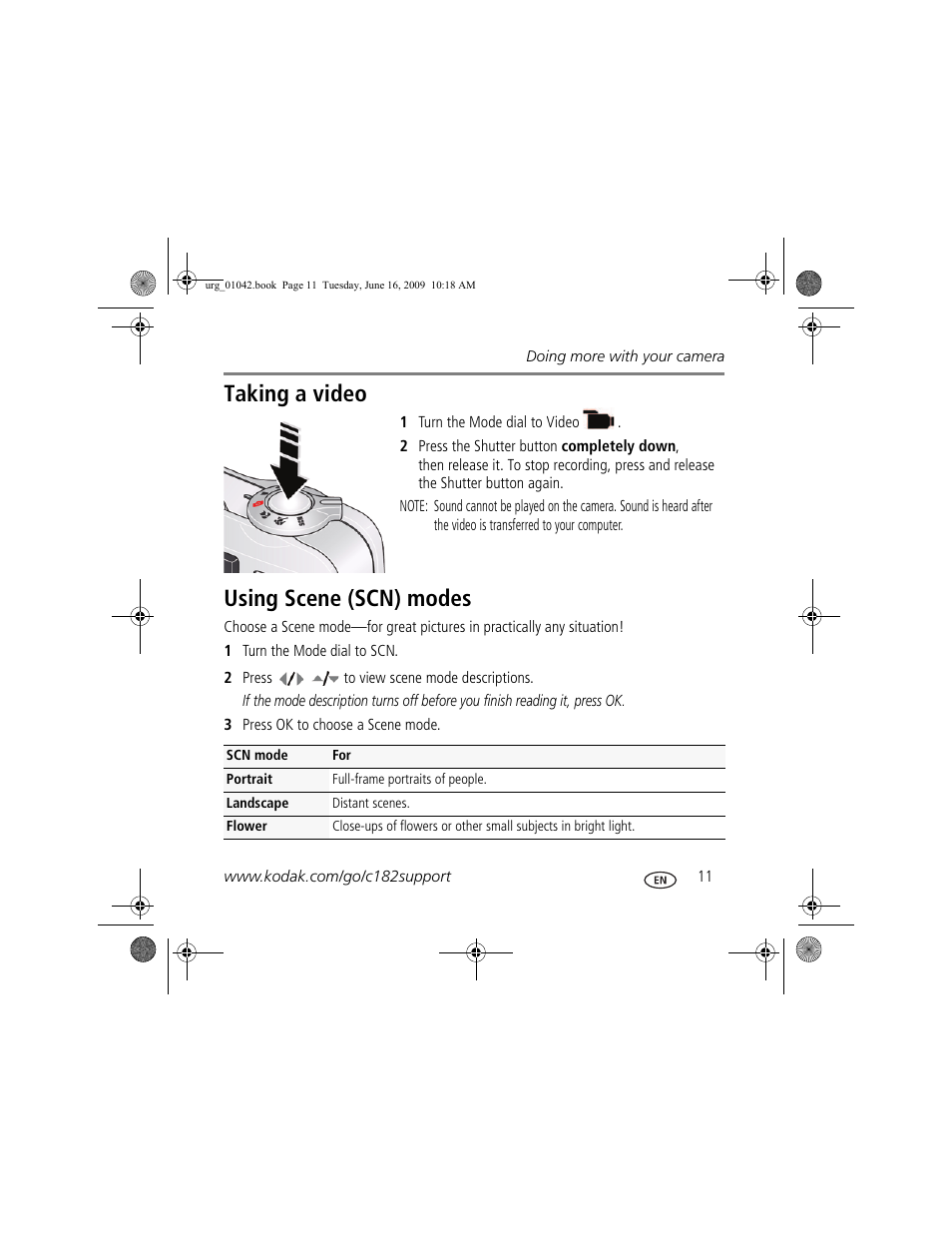 Taking a video, Using scene (scn) modes | Kodak C182 User Manual | Page 11 / 26