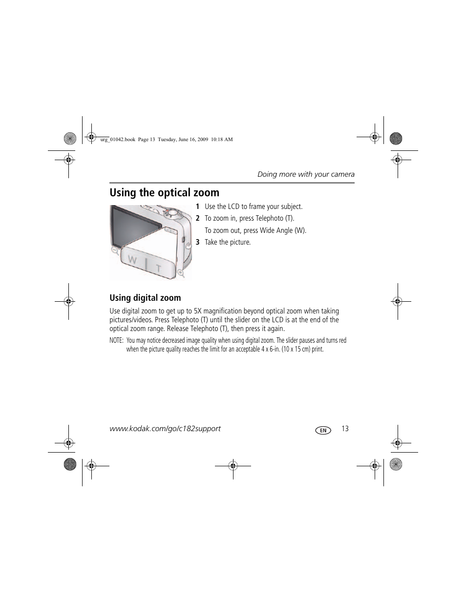 Using the optical zoom | Kodak C182 User Manual | Page 13 / 26
