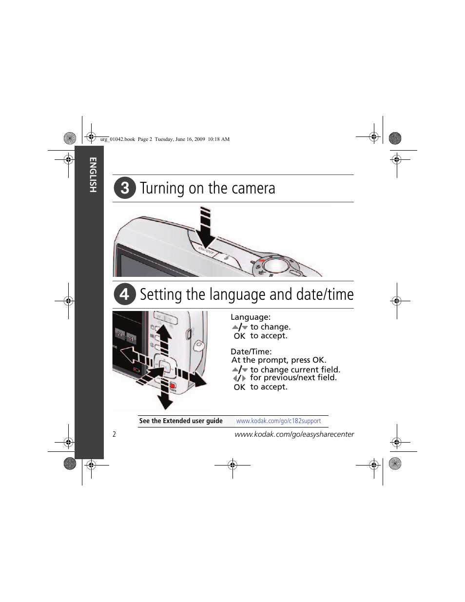 Turning on the camera, Setting the language and date/time | Kodak C182 User Manual | Page 2 / 26