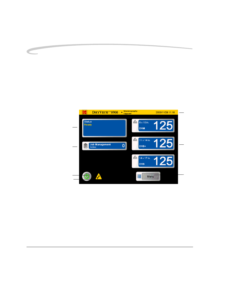 Status screen, Using the touch screen local panel -4, Status screen -4 | Using the touch screen local panel | Kodak DryView 8900 User Manual | Page 34 / 144