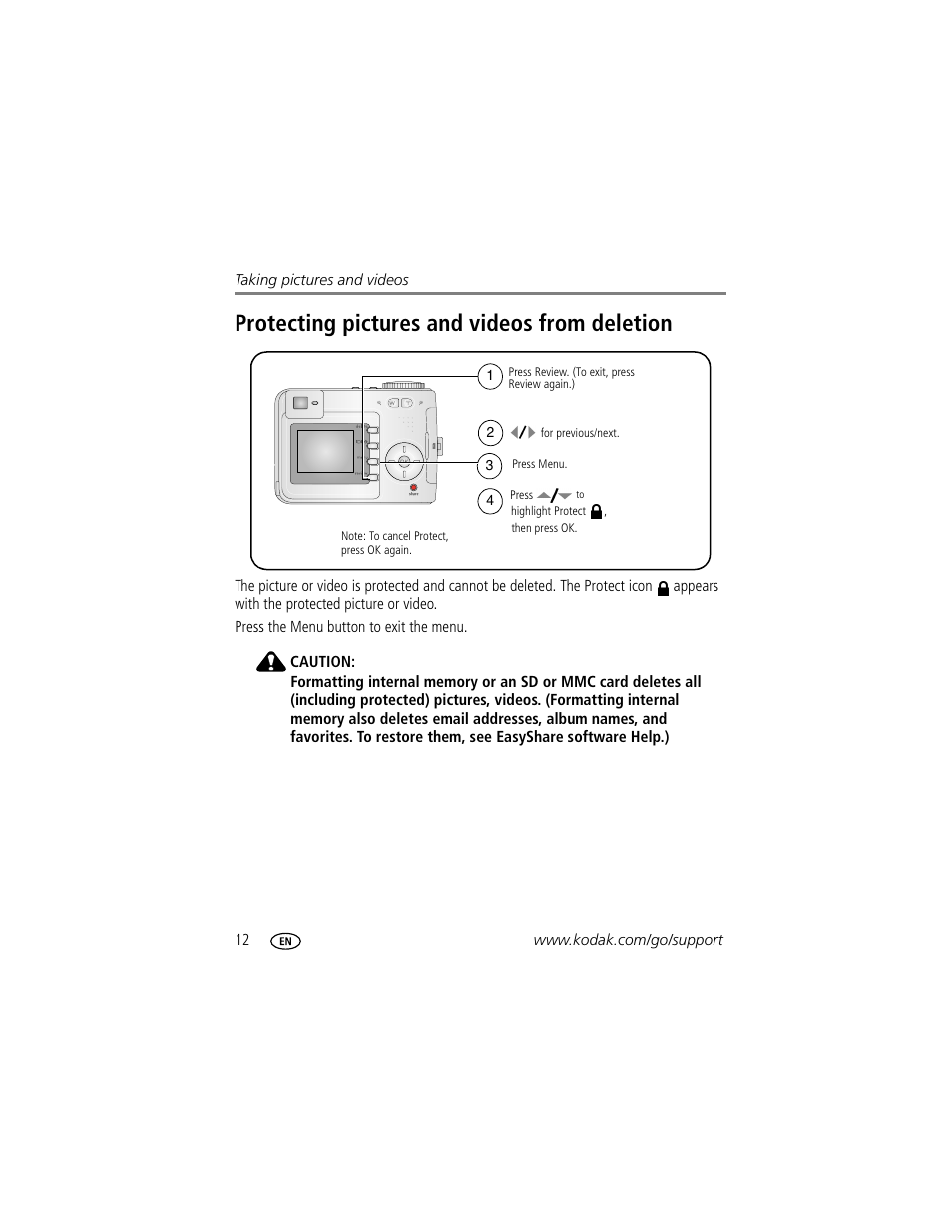 Protecting pictures and videos from deletion | Kodak EasyShare C330 User Manual | Page 18 / 74