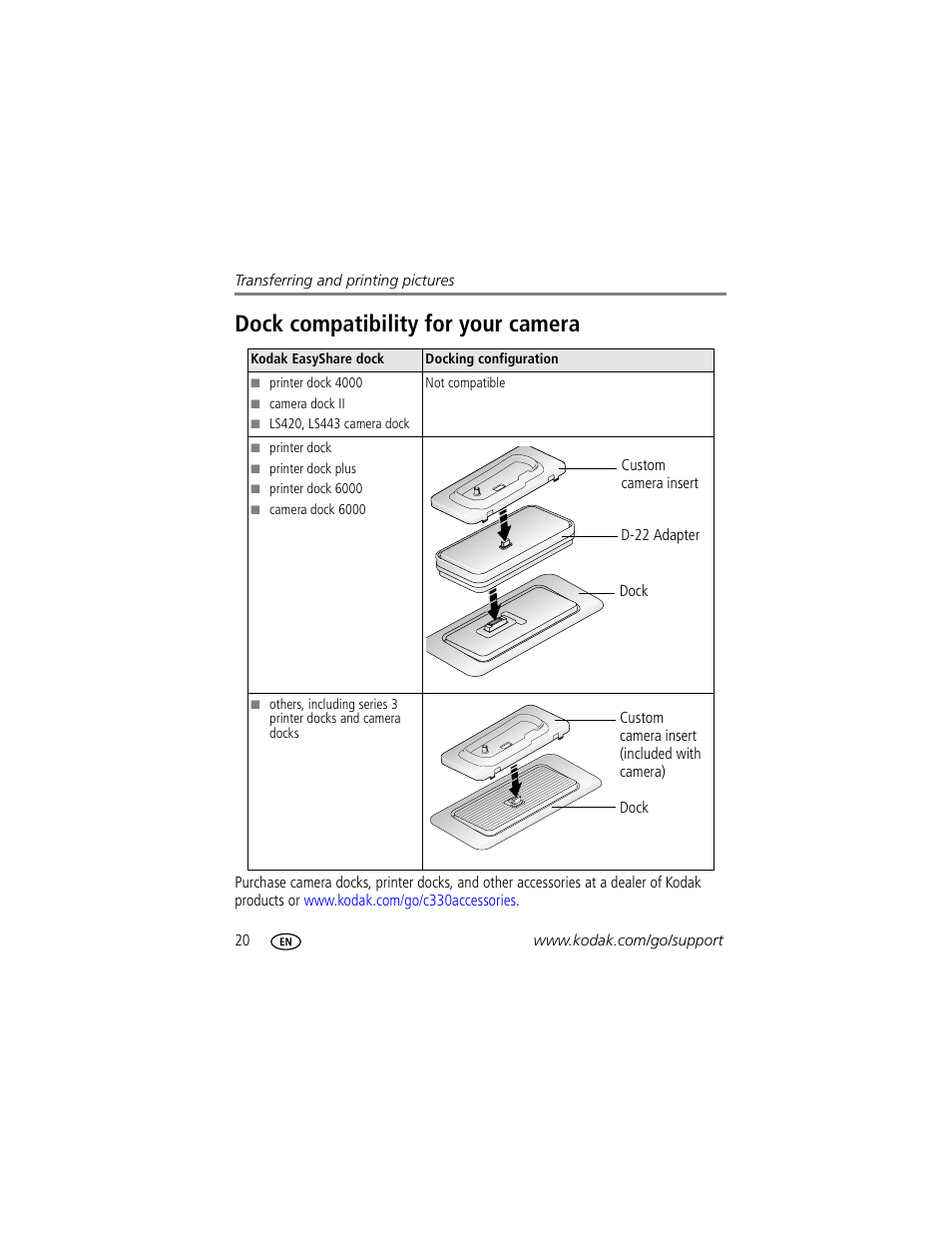 Dock compatibility for your camera | Kodak EasyShare C330 User Manual | Page 26 / 74