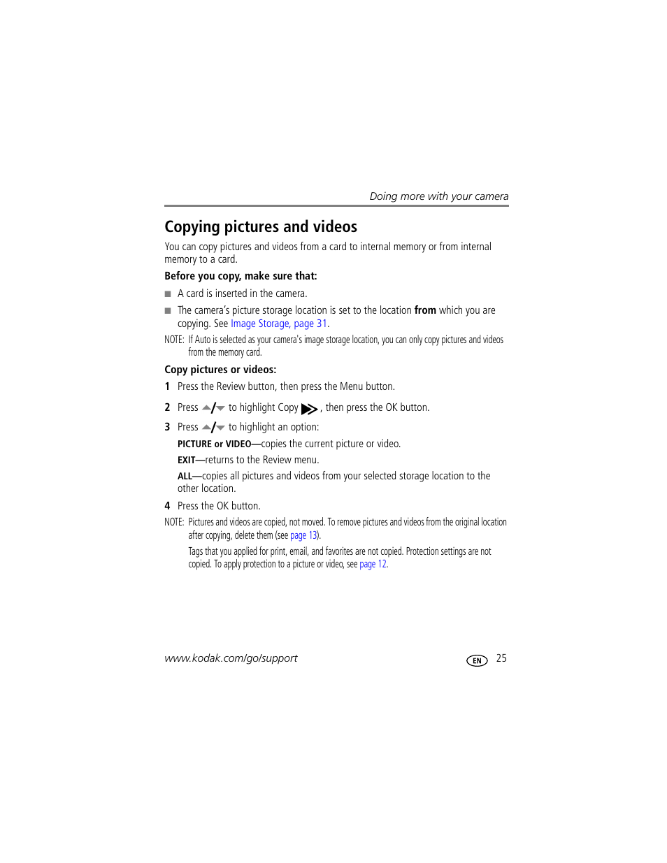 Copying pictures and videos | Kodak EasyShare C330 User Manual | Page 31 / 74