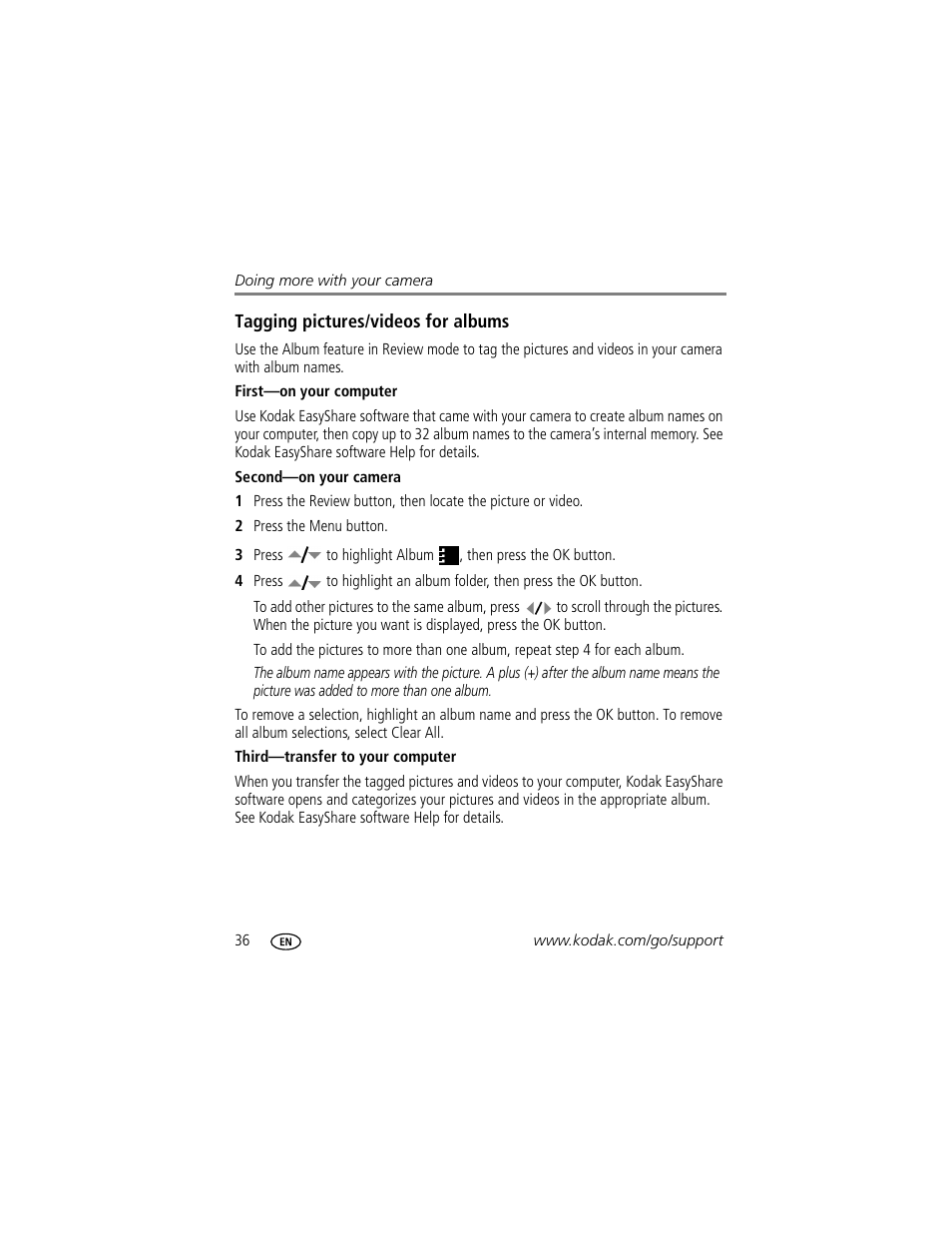 Tagging pictures/videos for albums, First-on your computer, Second-on your camera | Third-transfer to your computer | Kodak EasyShare C330 User Manual | Page 42 / 74