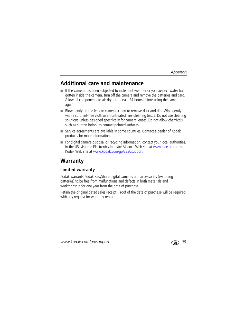 Additional care and maintenance, Warranty, Limited warranty | Additional care and maintenance warranty | Kodak EasyShare C330 User Manual | Page 65 / 74