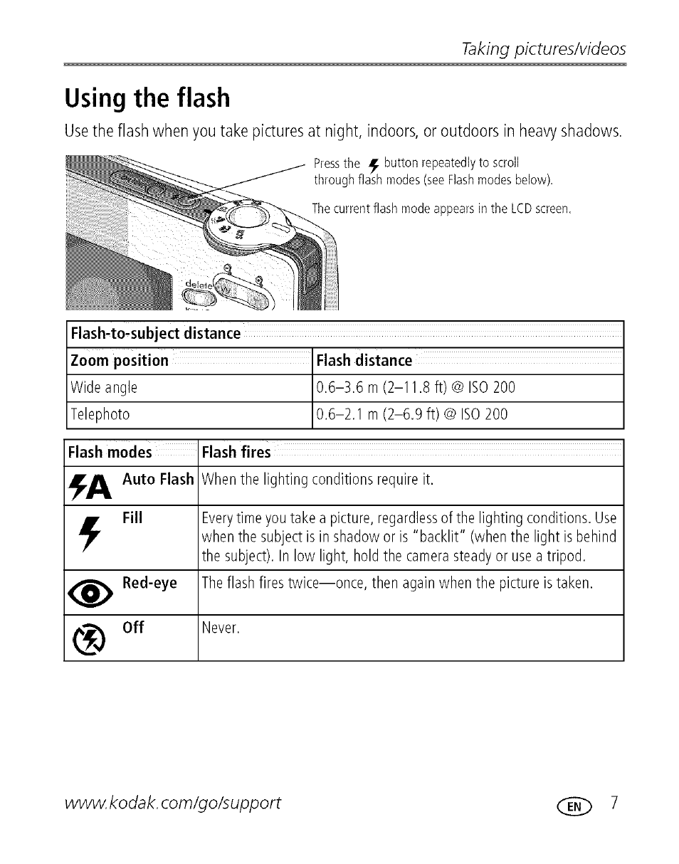 Using the flash, Taking pictures/videos | Kodak C713 User Manual | Page 12 / 70