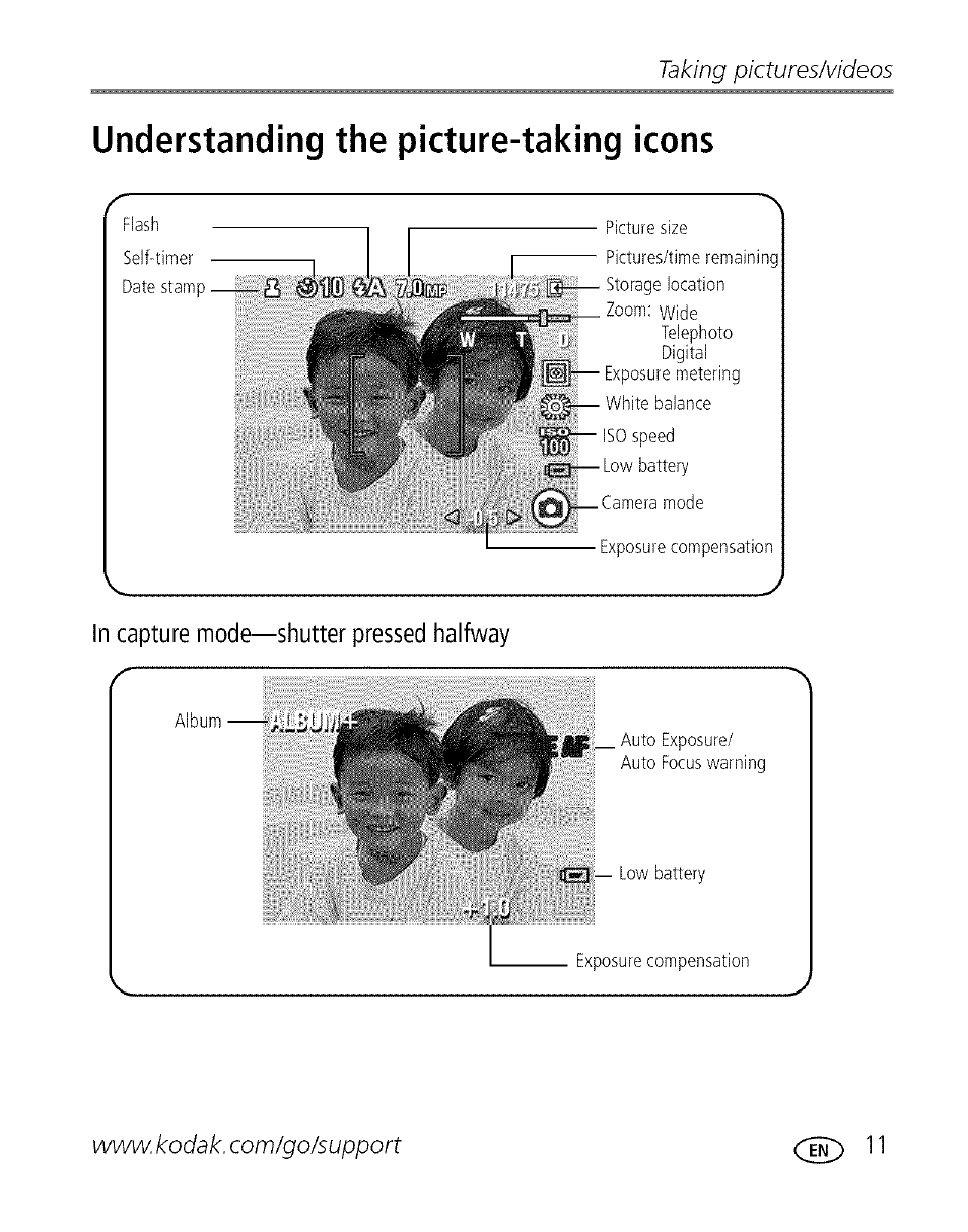 Understanding the picture-taking icons, Taking pictures/videos | Kodak C713 User Manual | Page 16 / 70