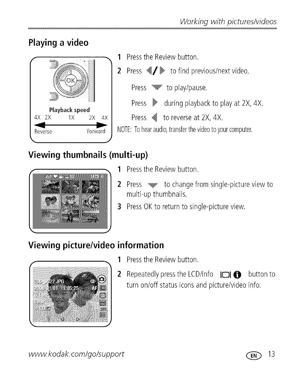 Playing a video, Viewing picture/video information, Working with pictures/videos | Kodak C713 User Manual | Page 18 / 70