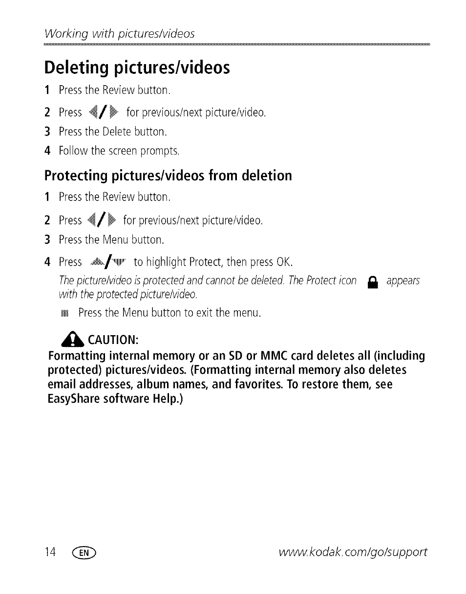 Deleting pictures/videos, Protecting pictures/videos from deletion, Deieting pictures/videos | Working with pictures/videos | Kodak C713 User Manual | Page 19 / 70