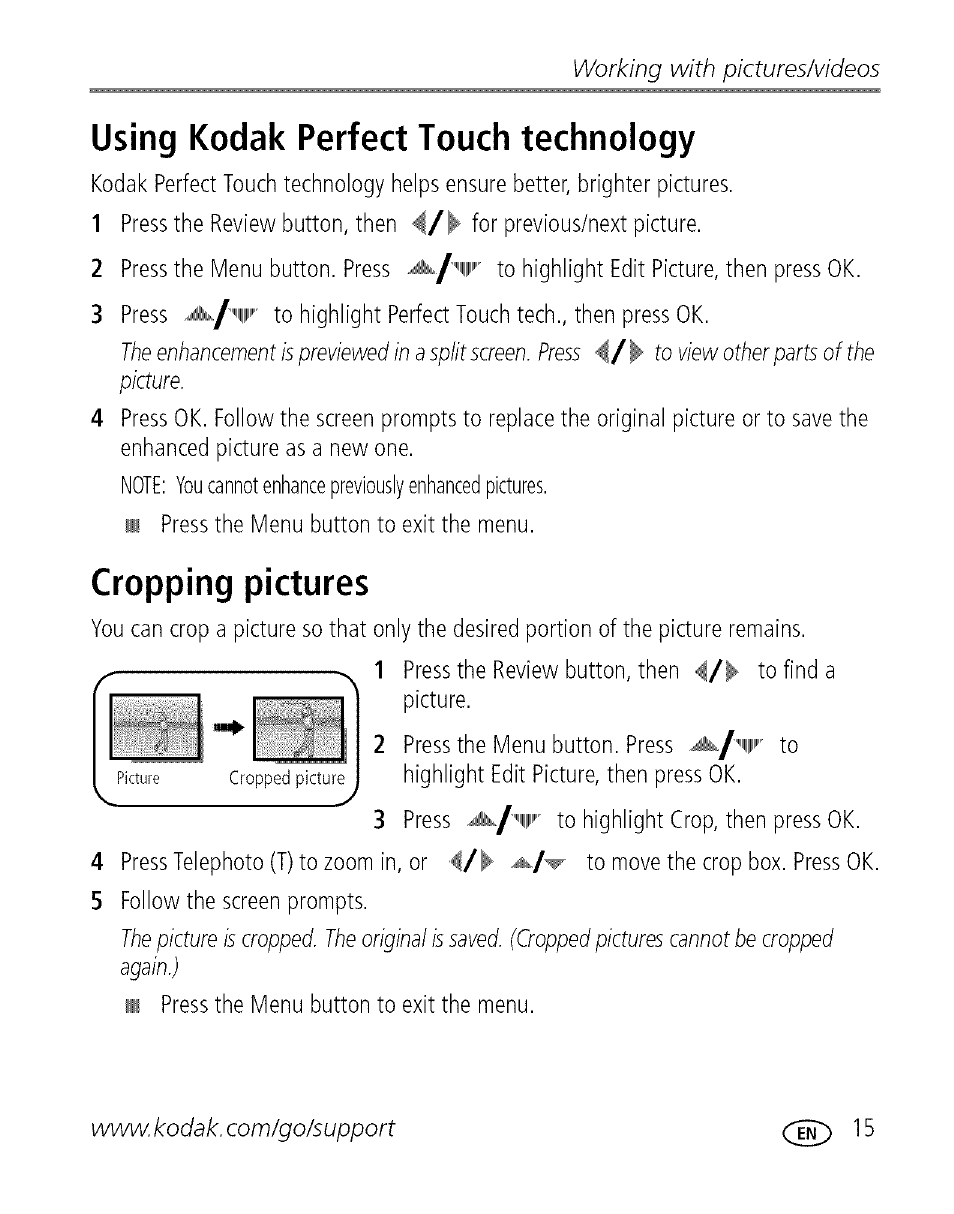 Using kodak perfect touch technology, Cropping pictures, Using kodak perfect touch technoiogy | Working with pictures/videos | Kodak C713 User Manual | Page 20 / 70
