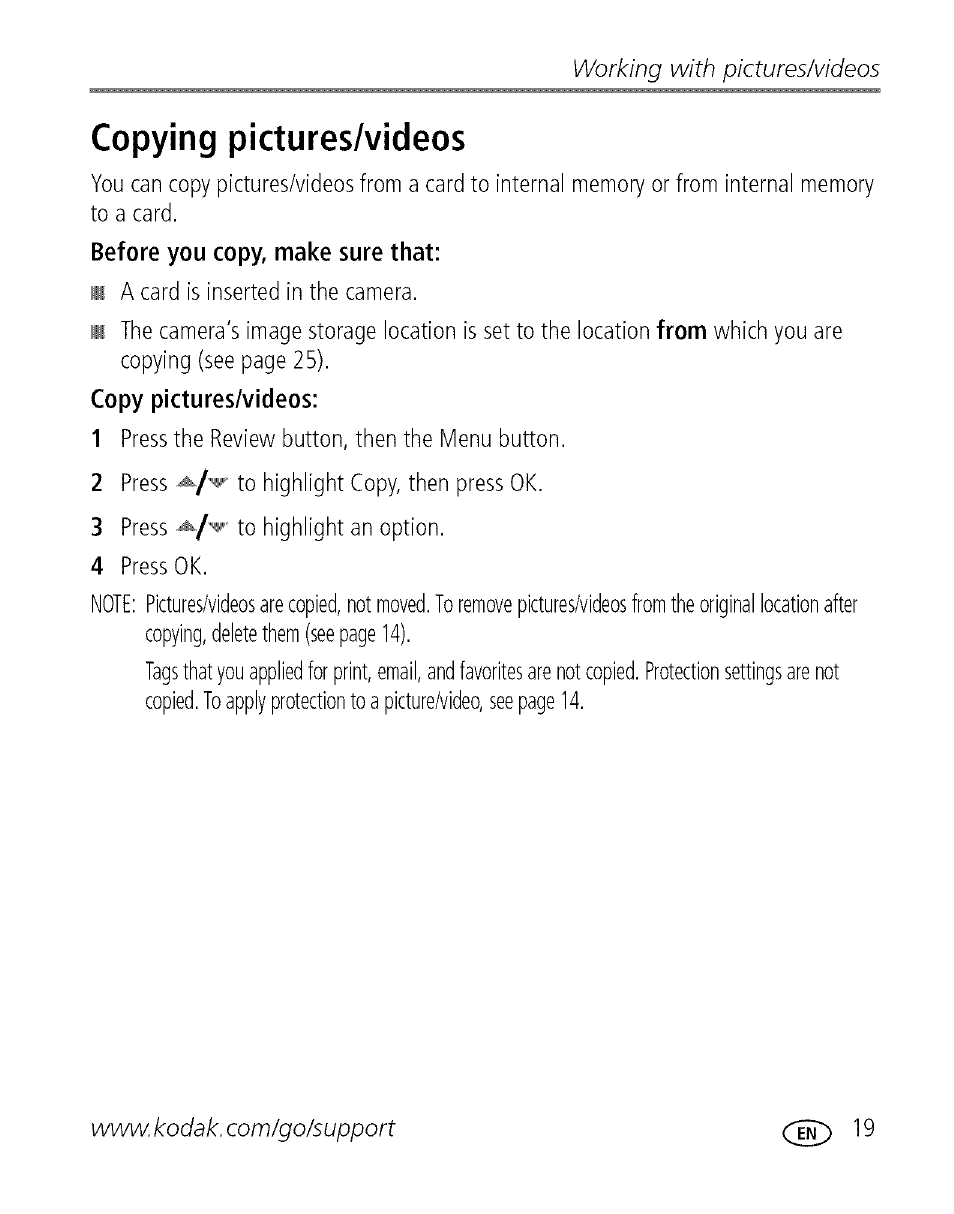 Copying pictures/videos, Working with pictures/videos | Kodak C713 User Manual | Page 24 / 70