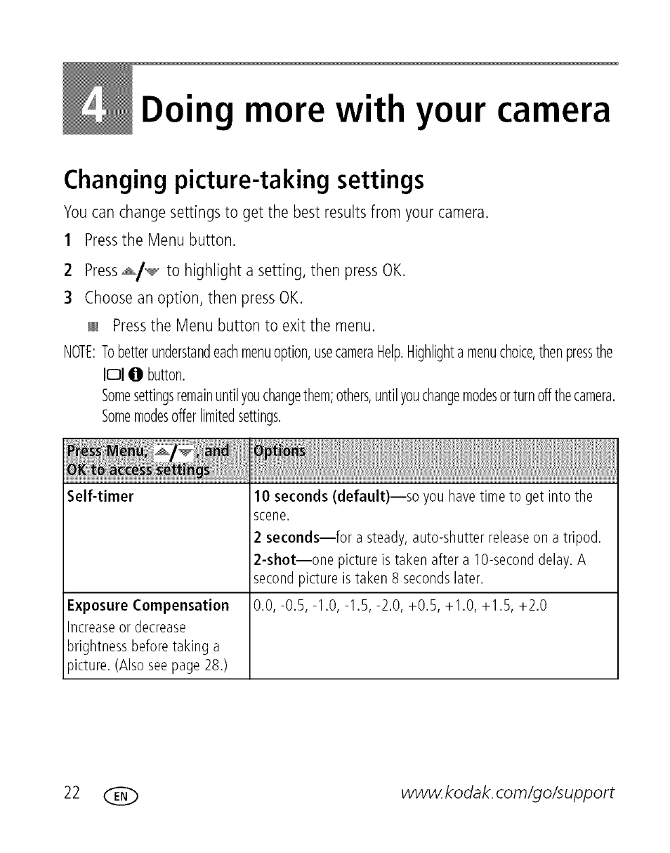 Doing more with your camera, Changing picture-taking settings, 4 doing more with your camera | Kodak C713 User Manual | Page 27 / 70