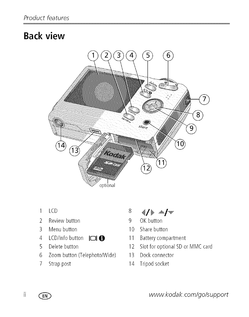 Back view, Product features | Kodak C713 User Manual | Page 3 / 70