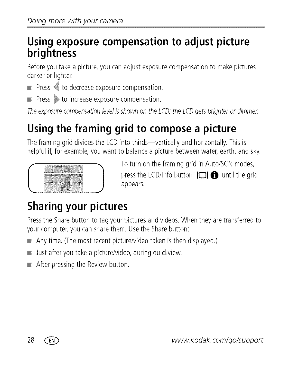 Using the framing grid to compose a picture, Sharing your pictures, Doing more with your camera | Kodak C713 User Manual | Page 33 / 70