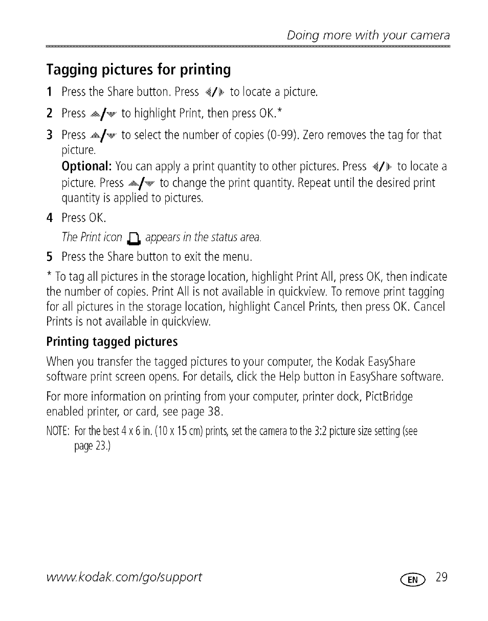 Tagging pictures for printing, Doing more with your camera | Kodak C713 User Manual | Page 34 / 70