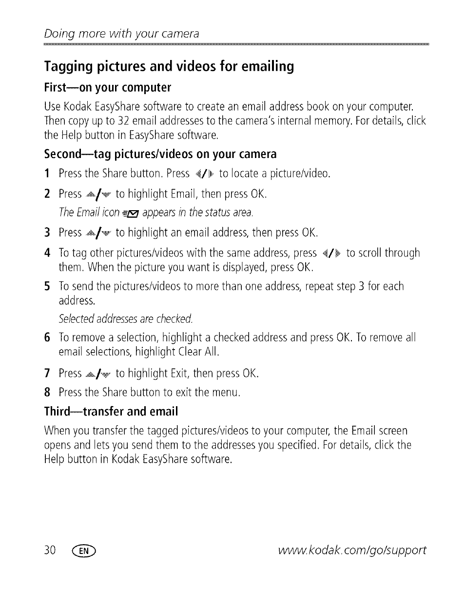 Tagging pictures and videos for emailing, Doing more with your camera | Kodak C713 User Manual | Page 35 / 70