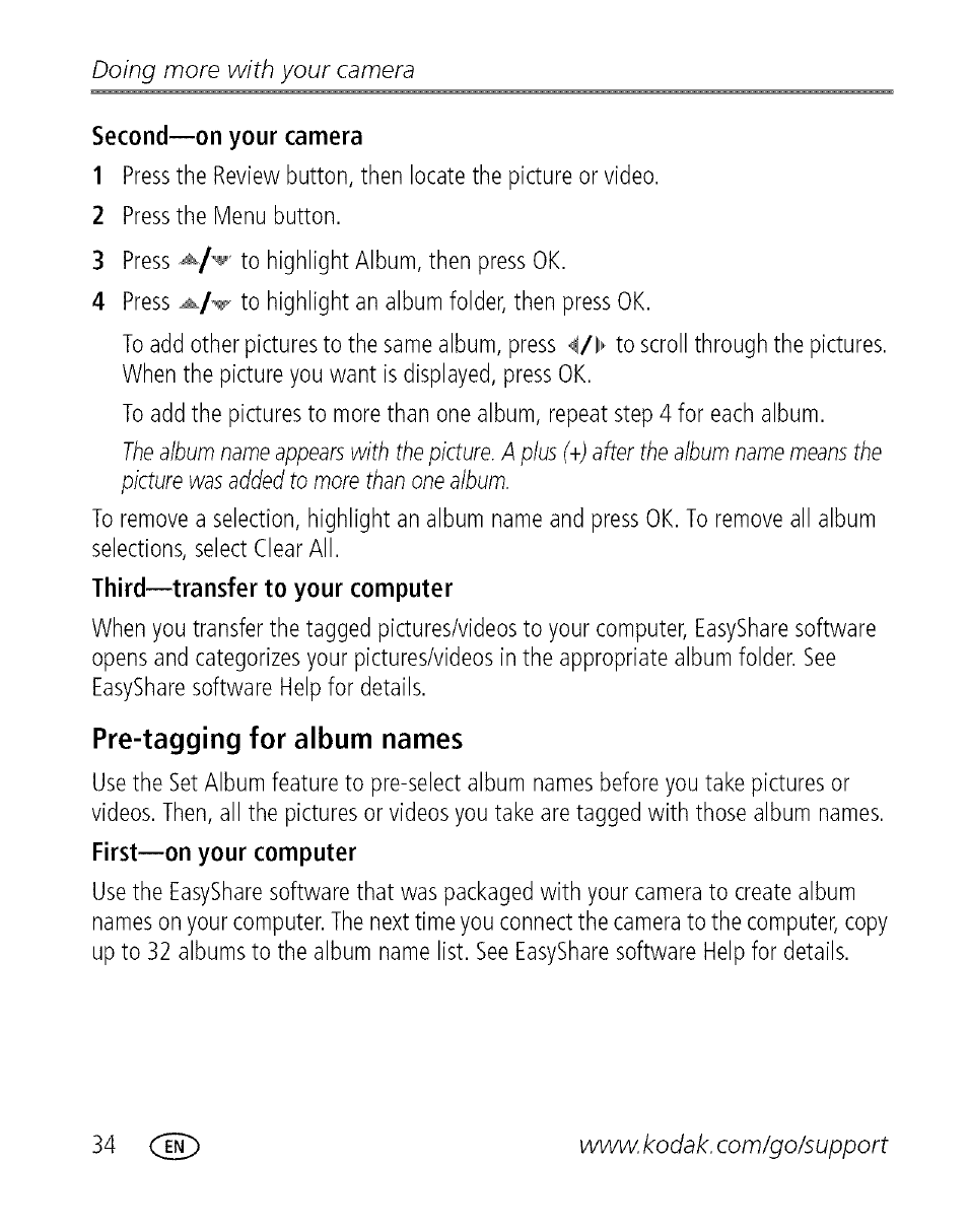 Pre-tagging for album names, Doing more with your camera | Kodak C713 User Manual | Page 39 / 70