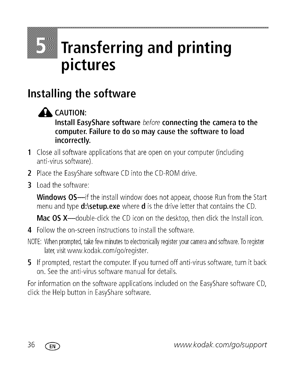 Transferring and printing pictures, Installing the software, 5 transferring and printing pictures | Kodak C713 User Manual | Page 41 / 70