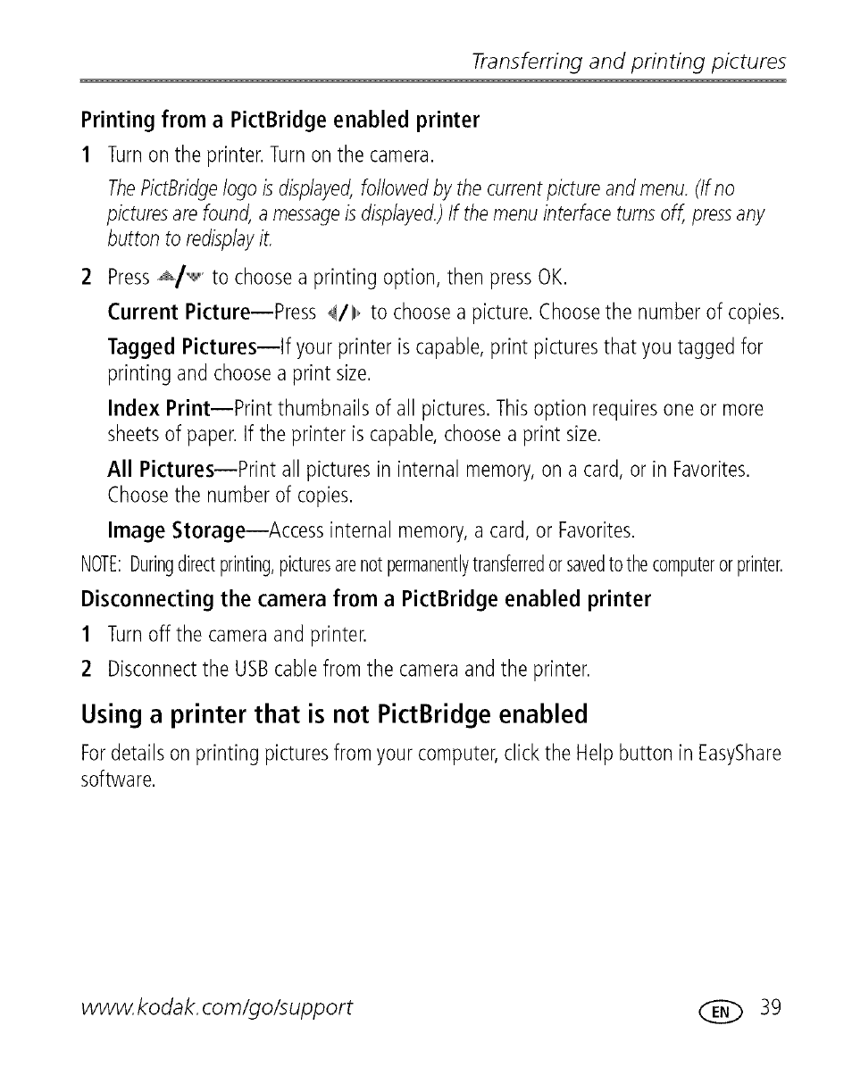 Using a printer that is not pictbridge enabled, Transferring and printing pictures | Kodak C713 User Manual | Page 44 / 70