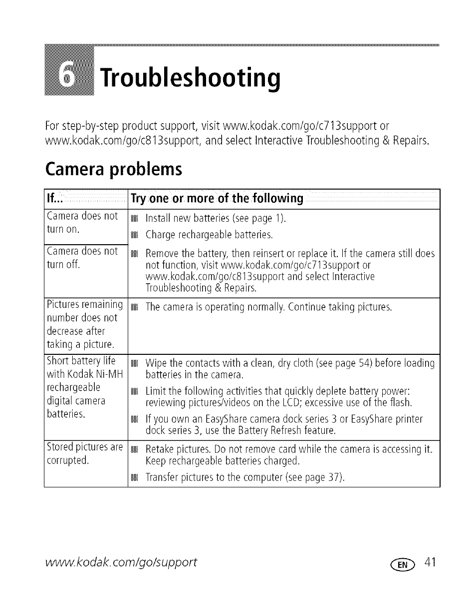 Troubleshooting, Camera problems, 6 troubleshooting | Kodak C713 User Manual | Page 46 / 70