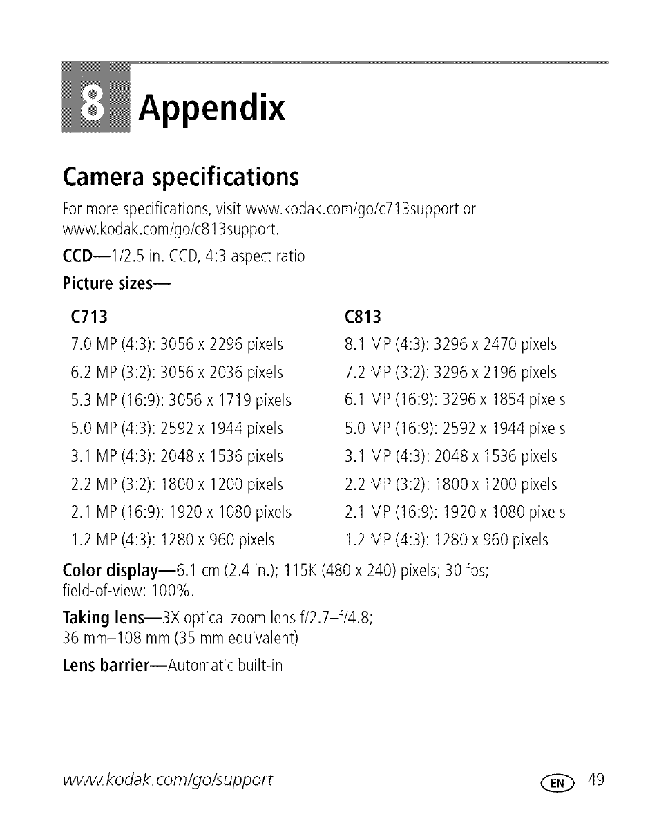 Appendix, Camera specifications, 8 appendix | Kodak C713 User Manual | Page 54 / 70