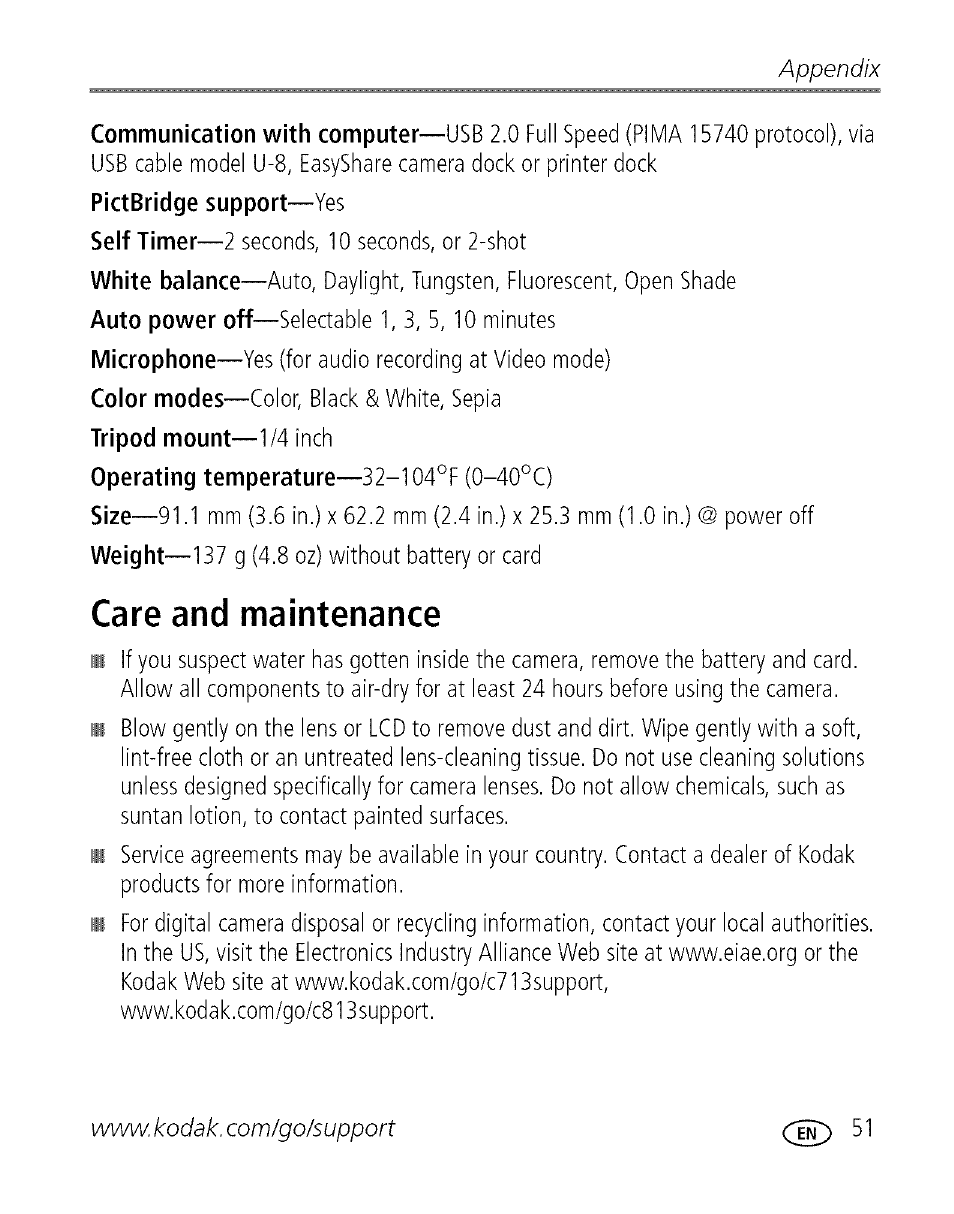 Care and maintenance, Appendix | Kodak C713 User Manual | Page 56 / 70