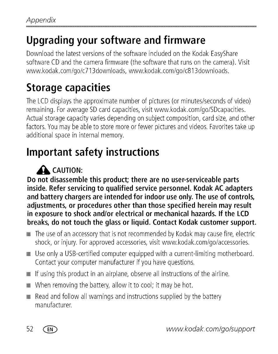 Upgrading your software and firmware, Storage capacities, Important safety instructions | Appendix | Kodak C713 User Manual | Page 57 / 70