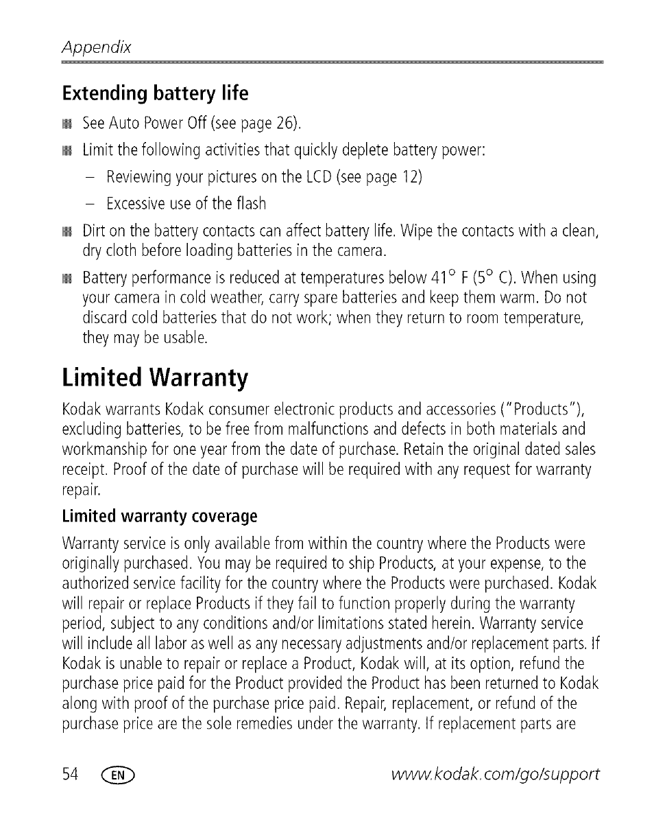 Extending battery life, Limited warranty, Appendix | Kodak C713 User Manual | Page 59 / 70