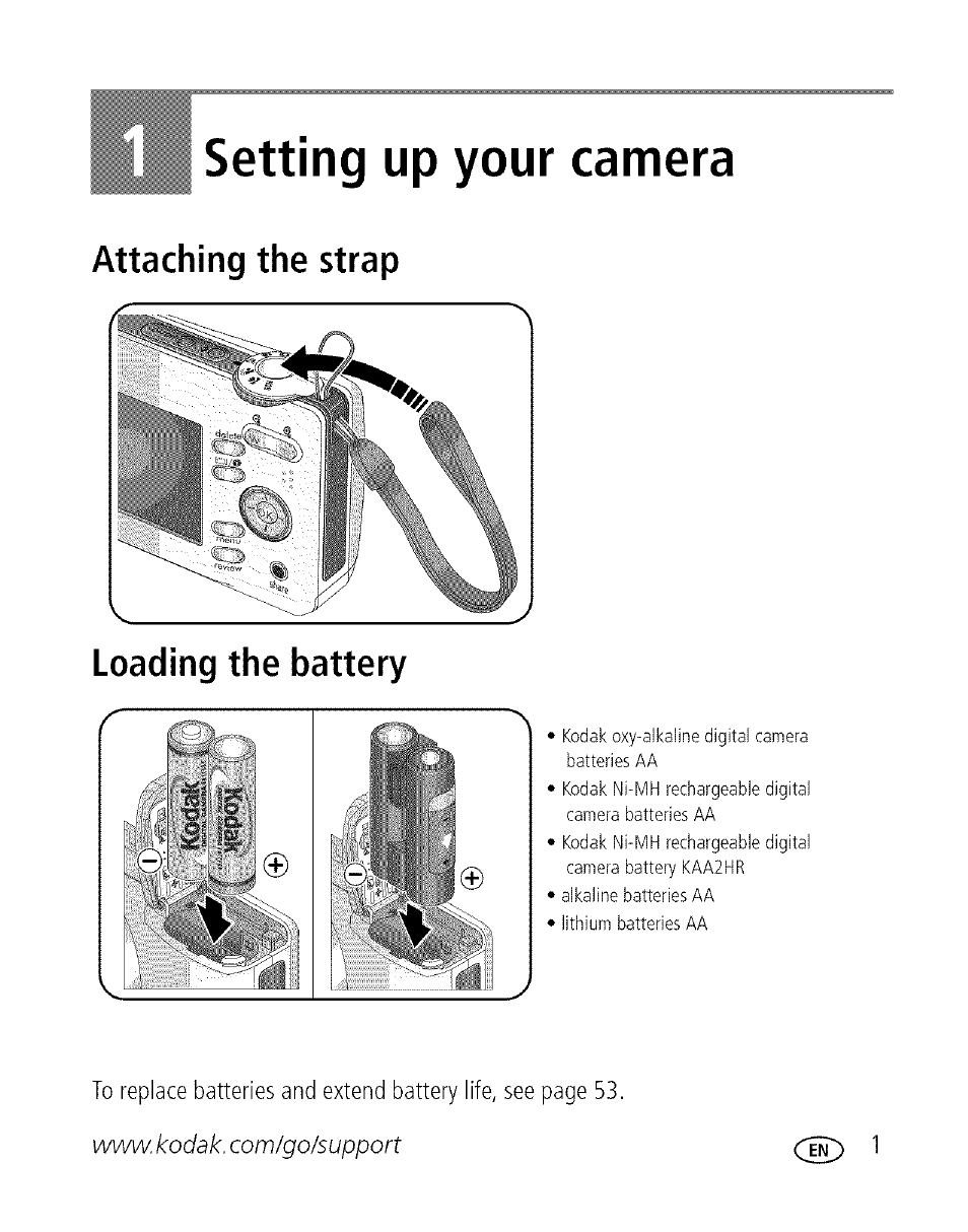 Setting up your camera, Attaching the strap, Loading the battery | 1 setting up your camera, Attaching the strap loading the battery | Kodak C713 User Manual | Page 6 / 70