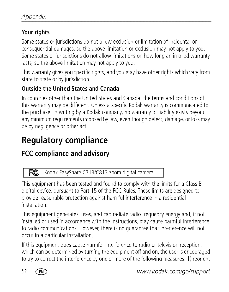 Regulatory compliance, Fcc compliance and advisory | Kodak C713 User Manual | Page 61 / 70