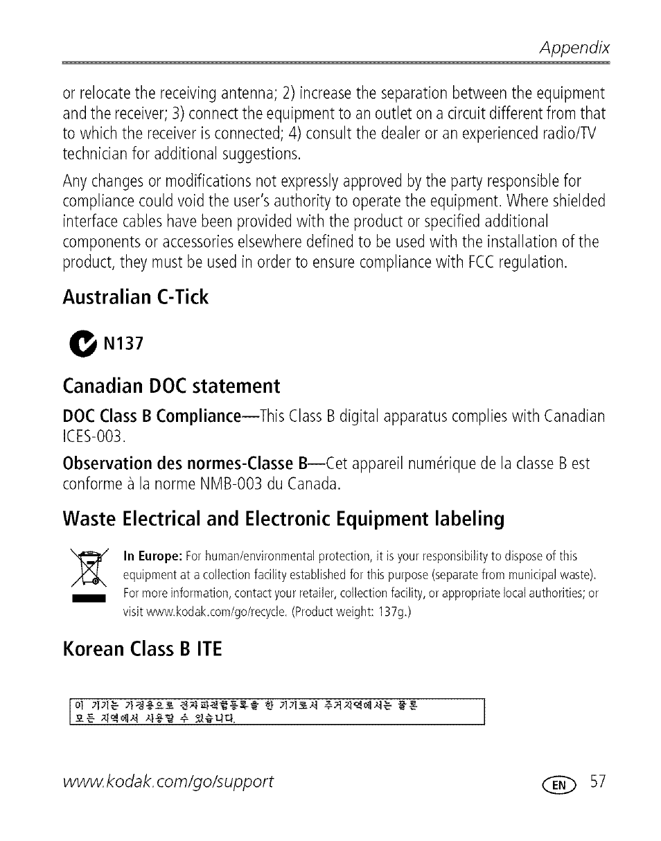 Australian c-tick, Canadian doc statement, Waste electrical and electronic equipment labeling | Korean class b ite, Appendix | Kodak C713 User Manual | Page 62 / 70