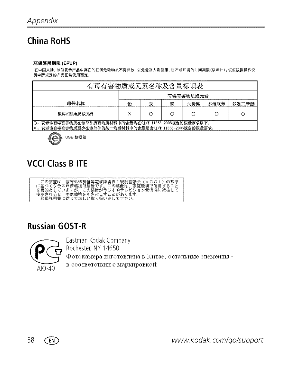 China rohs, Vcci class в ite, Russian gost-r | Appendix, Фил», в * « х л м 1 к . ш м, С марифовкогт | Kodak C713 User Manual | Page 63 / 70