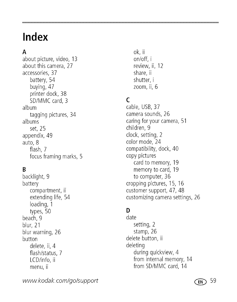 Index | Kodak C713 User Manual | Page 64 / 70