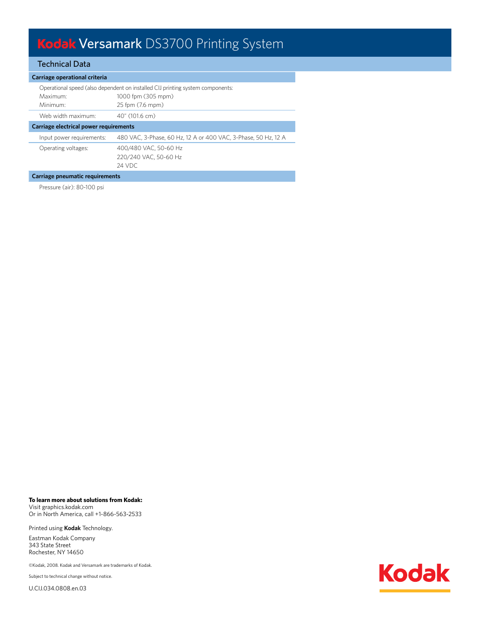 Versamark ds3700 printing system, Technical data | Kodak DS3700 User Manual | Page 2 / 2