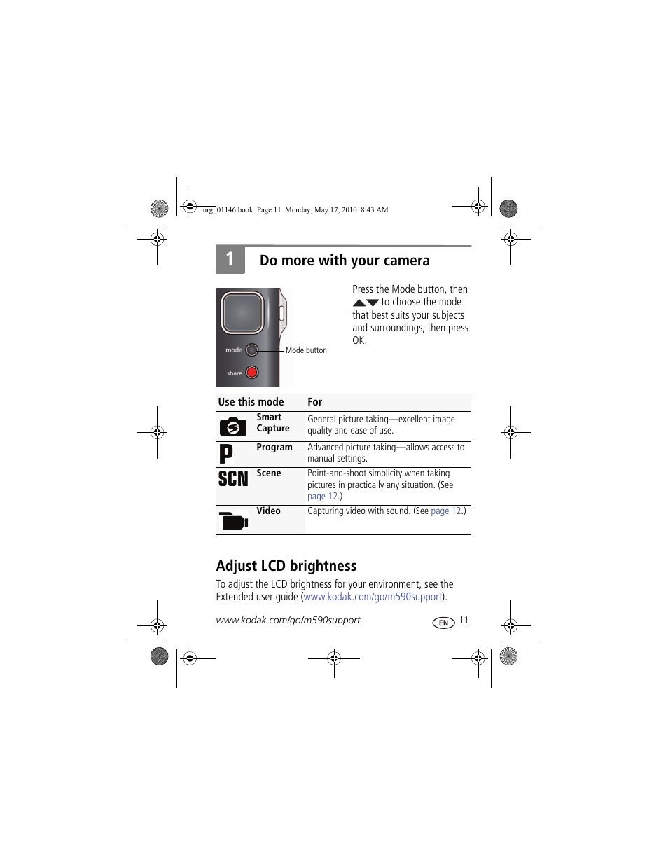 Do more with your camera, Adjust lcd brightness | Kodak M590 User Manual | Page 11 / 29