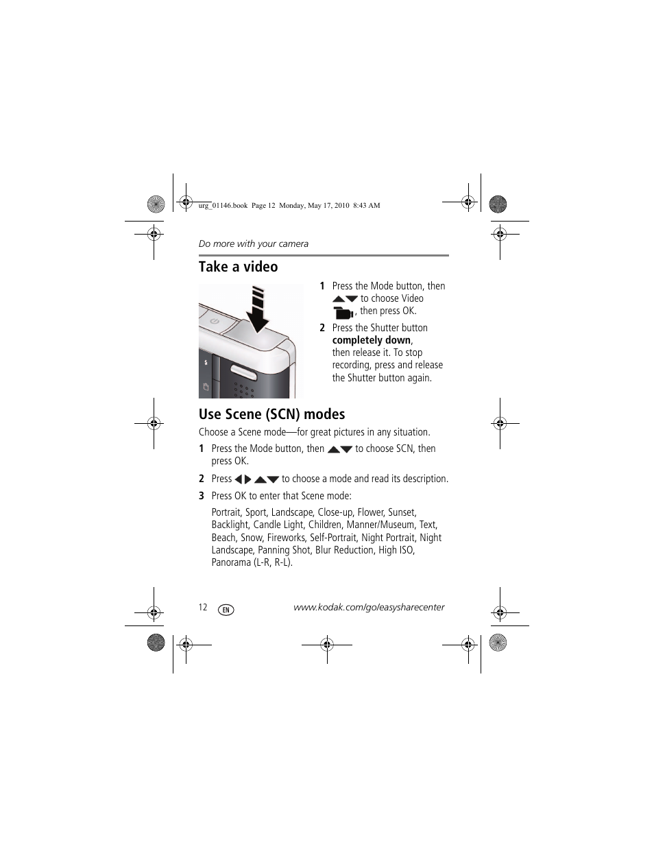 Use scene (scn) modes, Take a video | Kodak M590 User Manual | Page 12 / 29