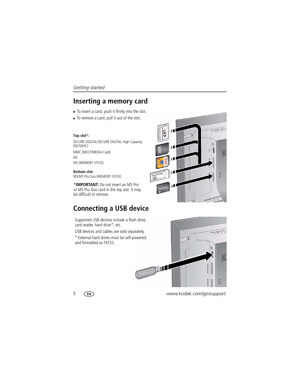 Inserting a memory card, Connecting a usb device, Inserting a memory card connecting a usb device | Kodak EASYSHARE D725 User Manual | Page 10 / 36