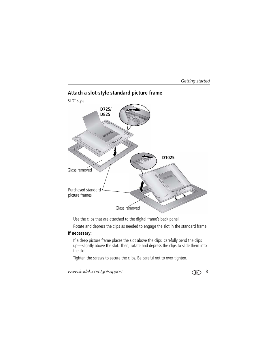 Attach a slot-style standard picture frame | Kodak EASYSHARE D725 User Manual | Page 13 / 36