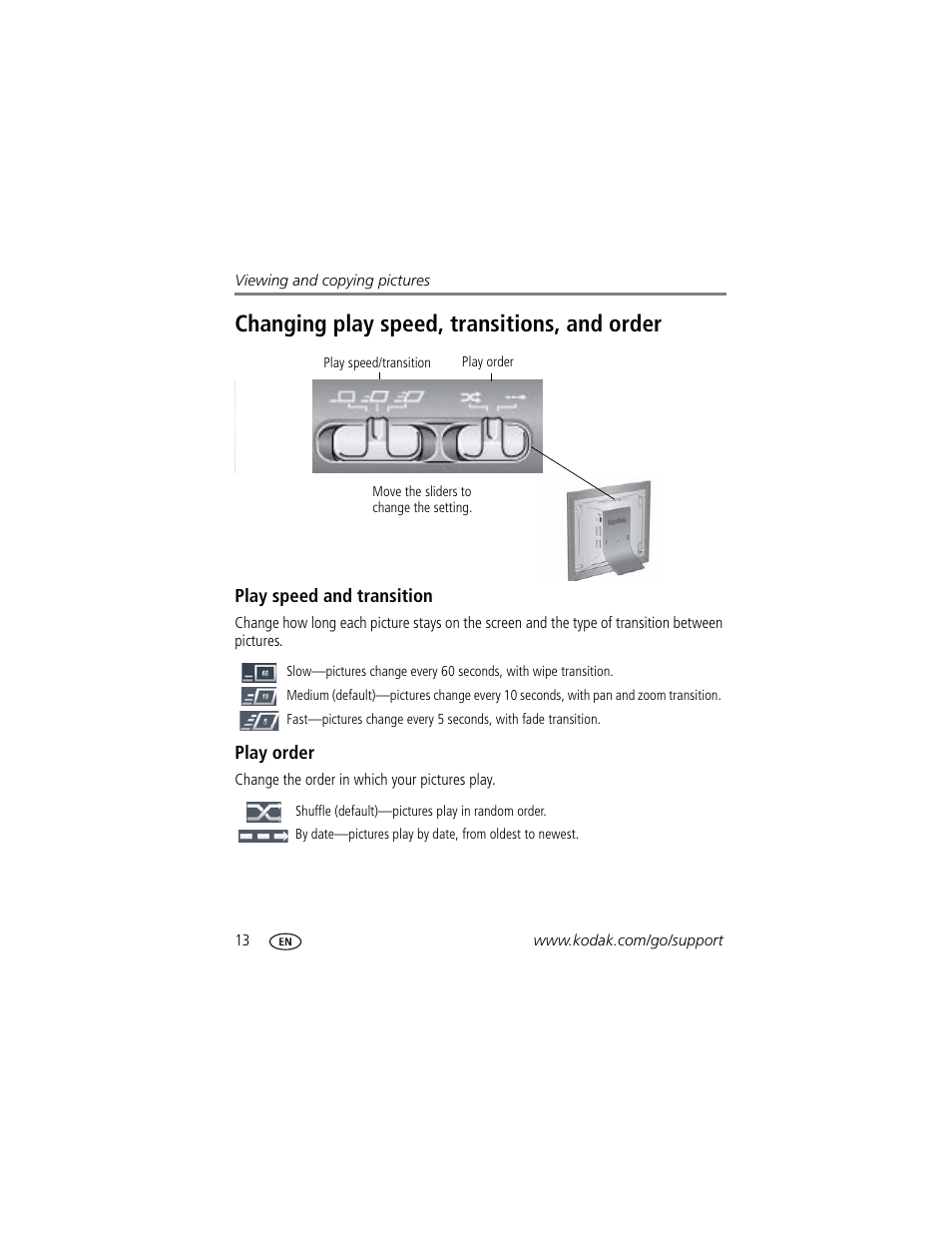 Changing play speed, transitions, and order, Play speed and transition, Play order | Kodak EASYSHARE D725 User Manual | Page 18 / 36