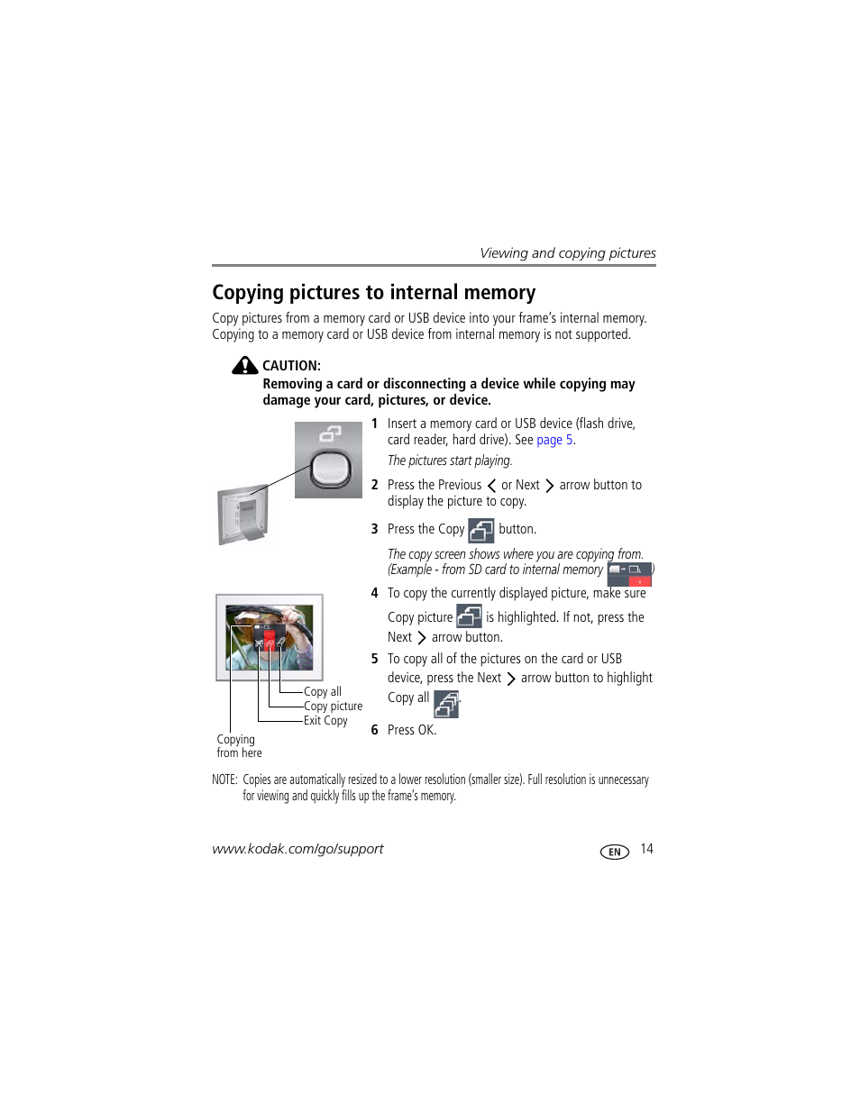 Copying pictures to internal memory | Kodak EASYSHARE D725 User Manual | Page 19 / 36