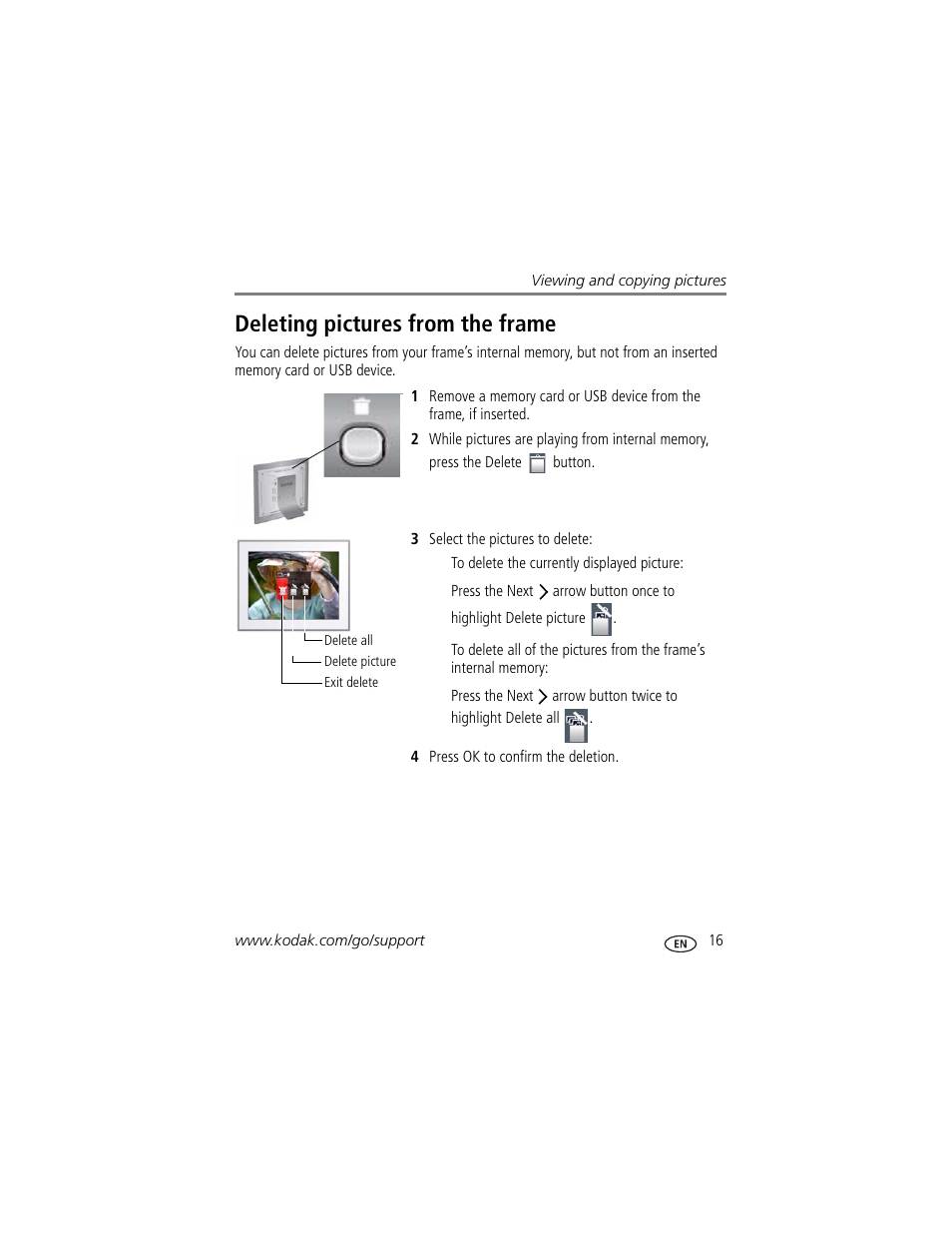 Deleting pictures from the frame | Kodak EASYSHARE D725 User Manual | Page 21 / 36