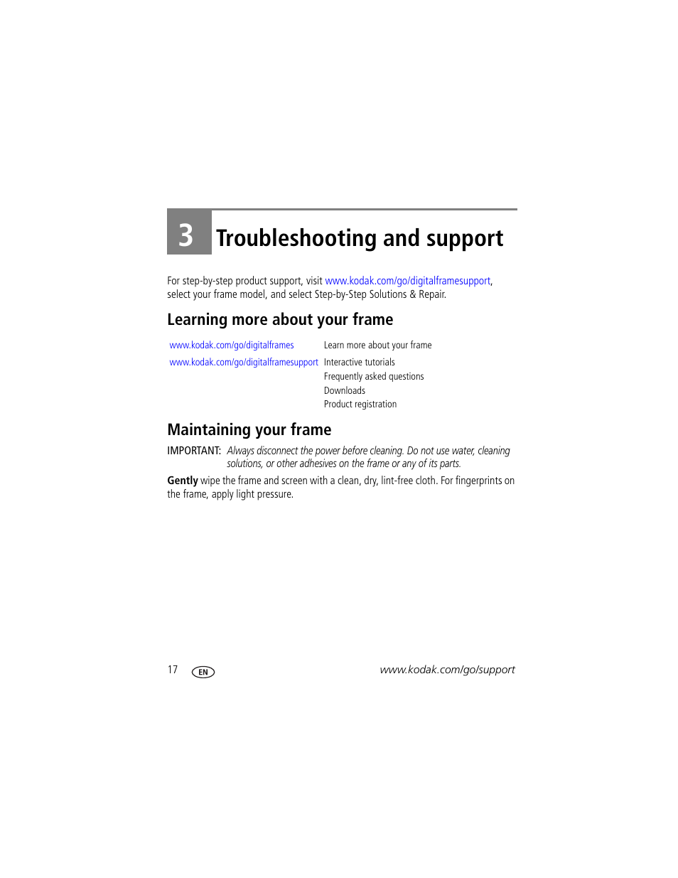 Troubleshooting and support, Learning more about your frame, Maintaining your frame | 3 troubleshooting and support | Kodak EASYSHARE D725 User Manual | Page 22 / 36