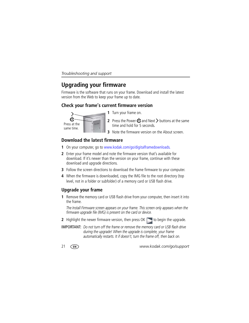 Upgrading your firmware, Check your frame’s current firmware version, Download the latest firmware | Upgrade your frame | Kodak EASYSHARE D725 User Manual | Page 26 / 36