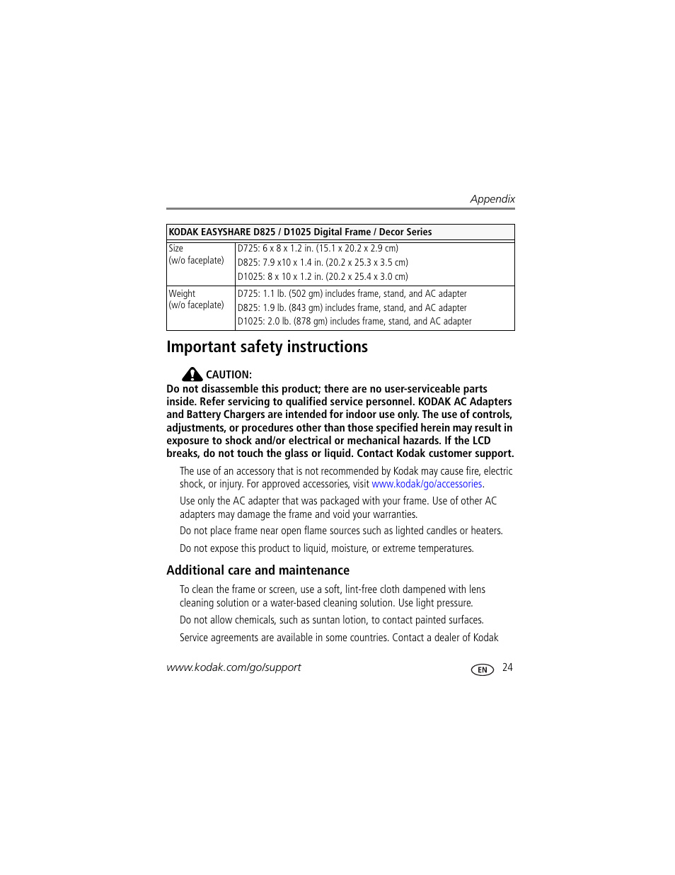 Important safety instructions, Additional care and maintenance | Kodak EASYSHARE D725 User Manual | Page 29 / 36