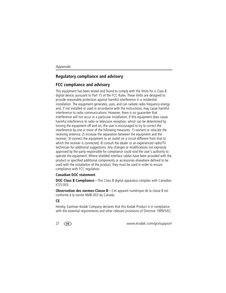 Regulatory compliance and advisory, Fcc compliance and advisory, Canadian doc statement | Kodak EASYSHARE D725 User Manual | Page 32 / 36