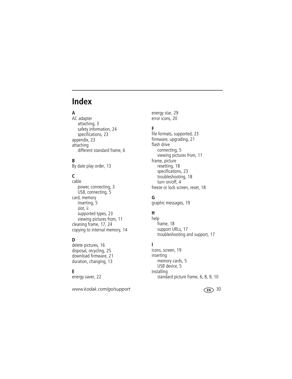 Index | Kodak EASYSHARE D725 User Manual | Page 35 / 36